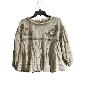 Easel Los Angeles Top Large Embroidered Puff Sleeve Boho Boxy Festival